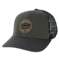 LEATHER PATCH MESHY HAT - OLIVE/GREY CAMO