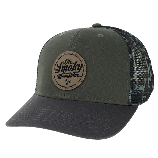 LEATHER PATCH MESHY HAT - OLIVE/GREY CAMO