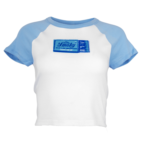 BLUE FLAME MATCHBOOK RAGLAN CROP TEE, view 1