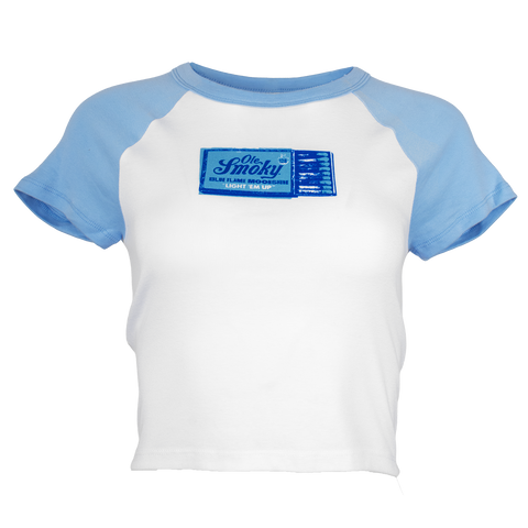 BLUE FLAME MATCHBOOK RAGLAN CROP TEE